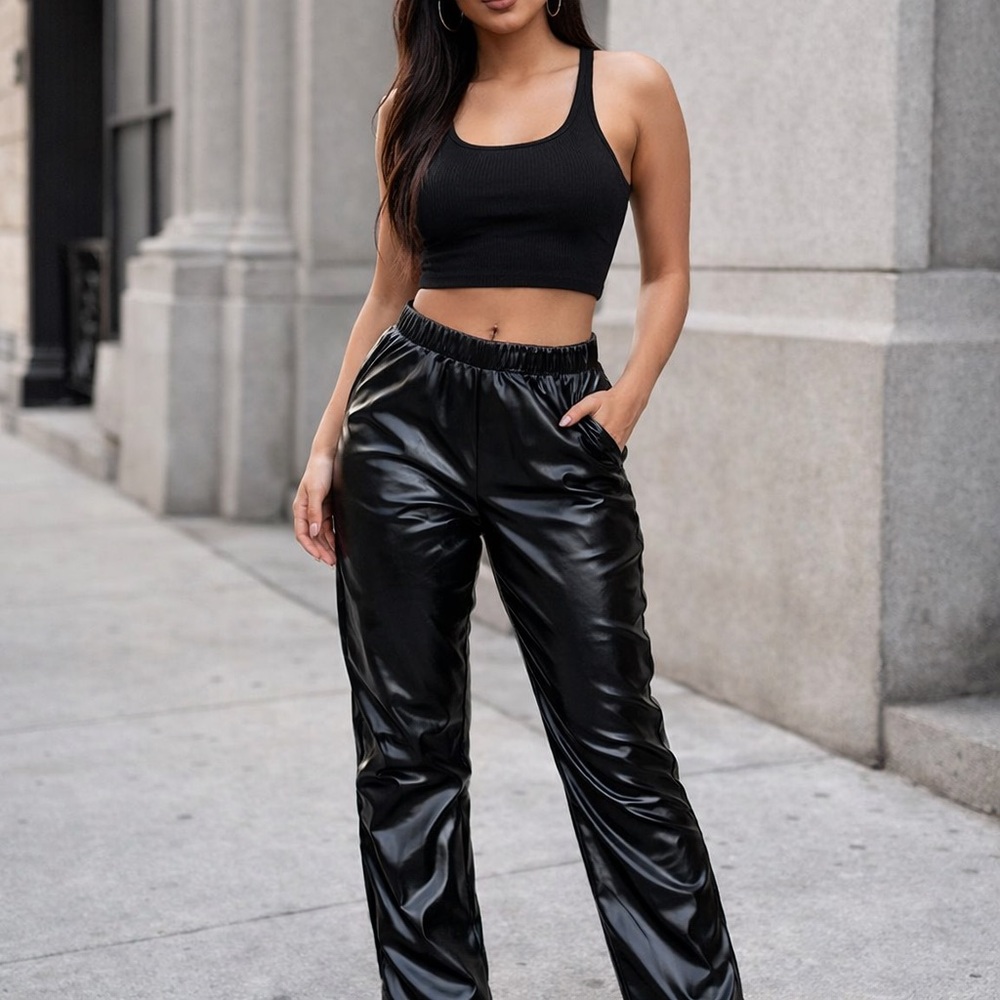 Womens Grundge Bikercore Black Shiny Vinyl Poly Joggers Pants size Large
